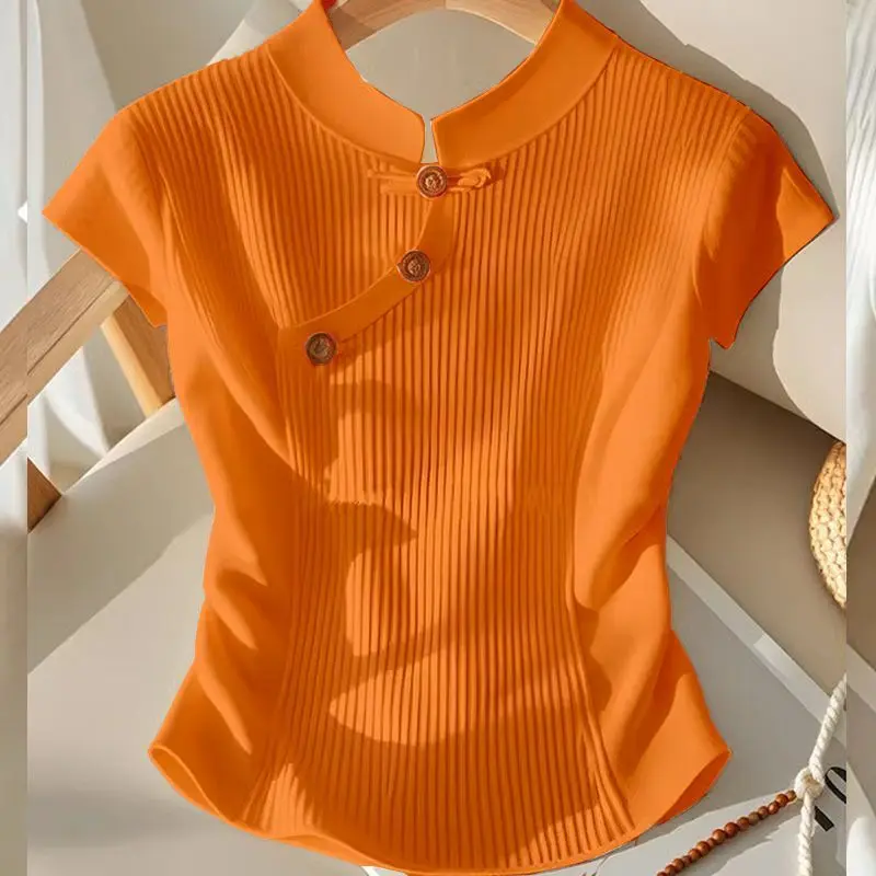 2025 Chinese Style Buttons Half Height Collar Top Tee Women's Fashion All-match Simplicity Pullovers Ladies Irregular Women's
