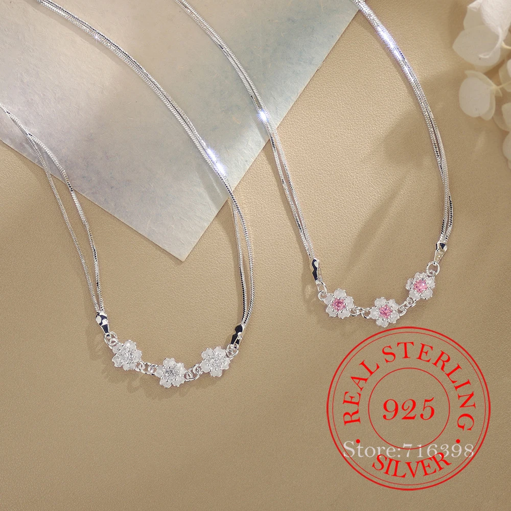 925 Sterling Silver Jewelry Double-layer Zircon Sakura Flower Chains Necklace for Women Wedding Party Jewelry Girls Friend Gift
