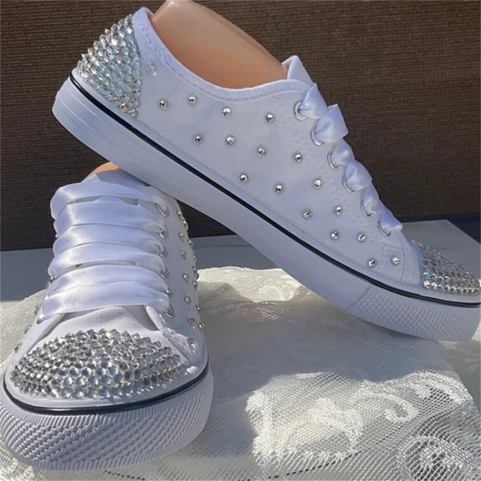 Custom silver rhinestone lace low top Everything sports leisure walking canvas shoes large size 35-46