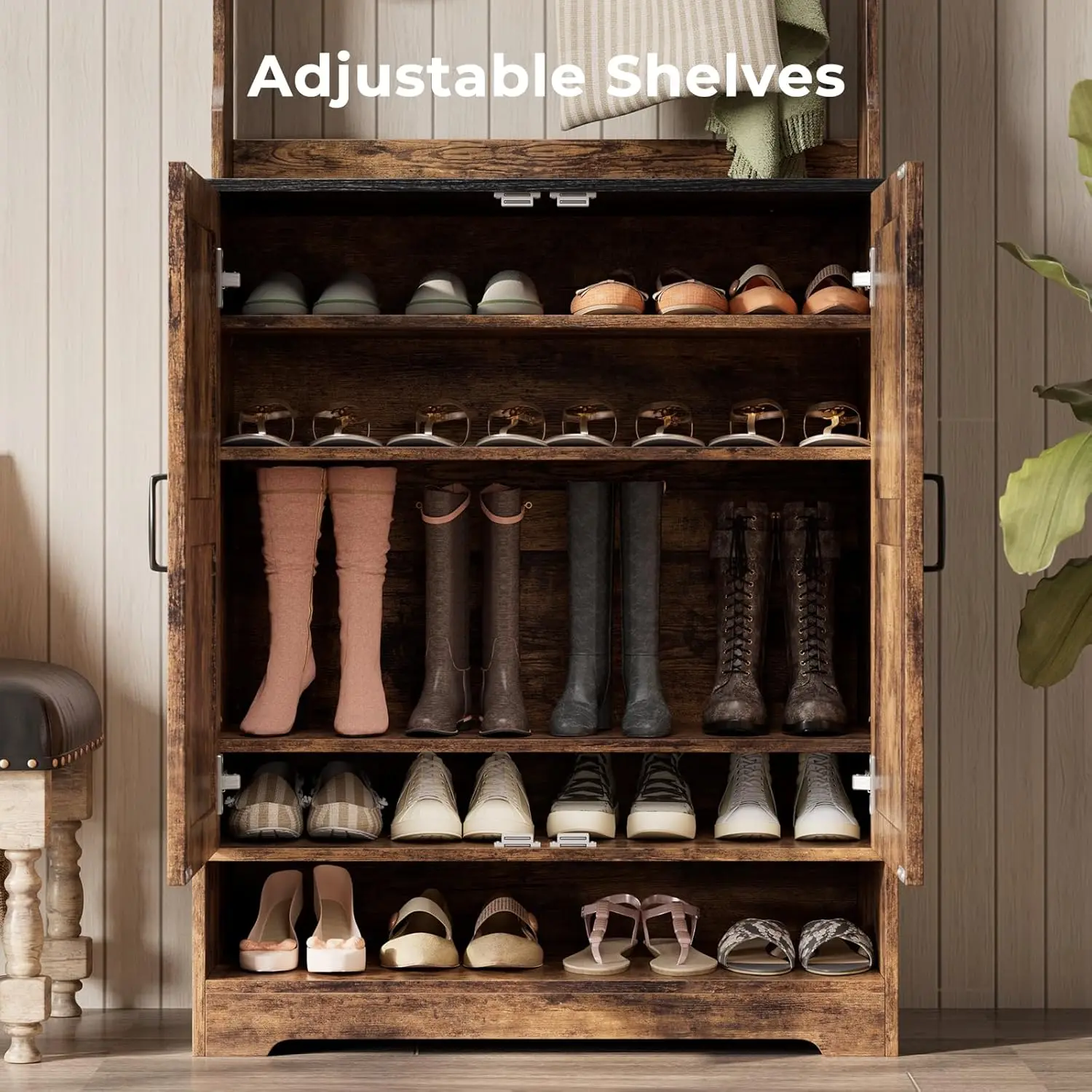 Farmhouse Hall Tree with Shoe Storage Cabinet, 14 Coat Hooks & 6 Tier Organizer, Rustic Brown