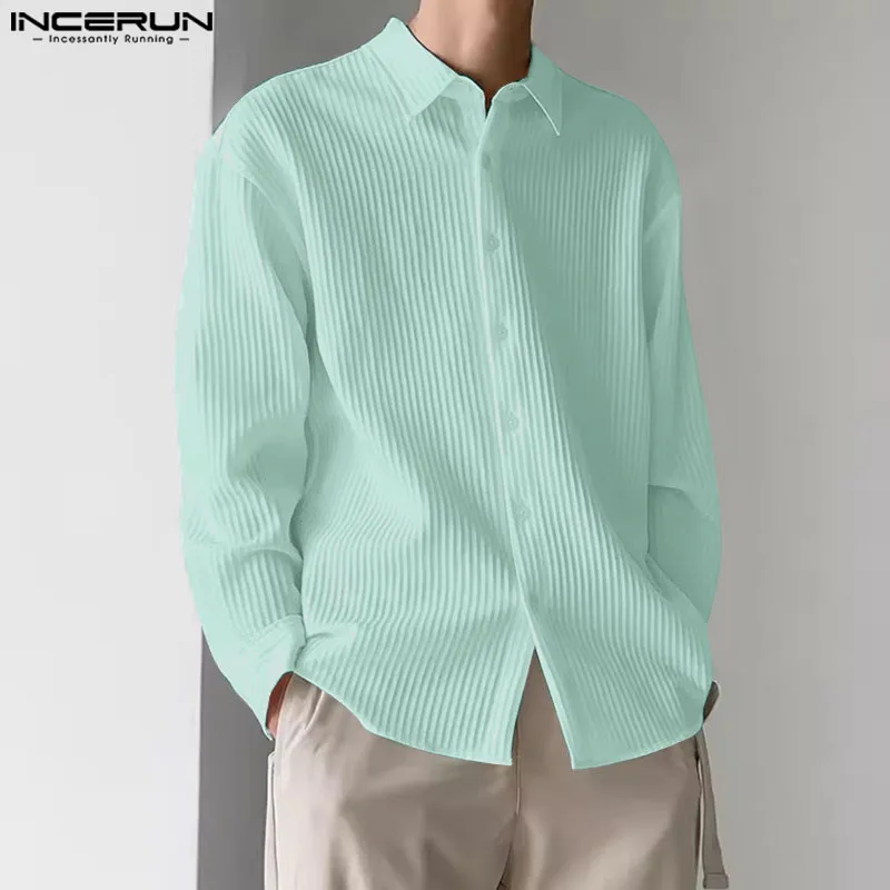 Fashion Summer New Men's Clothing Tops INCERUN 2024 Simple Striped Shirts Casual Streetwear Male Solid Long Sleeved Blouse S-5XL