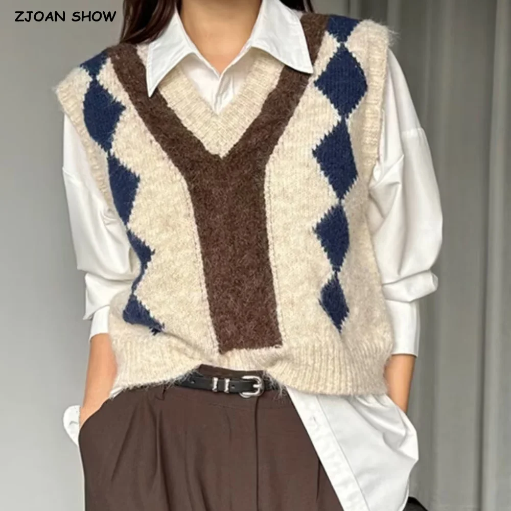 2025 CHIC V-hals Geometrische Plaid Breien Mouwloze Trui Vest Vrouwen Vest Trui Tanks Koreaanse Stijl