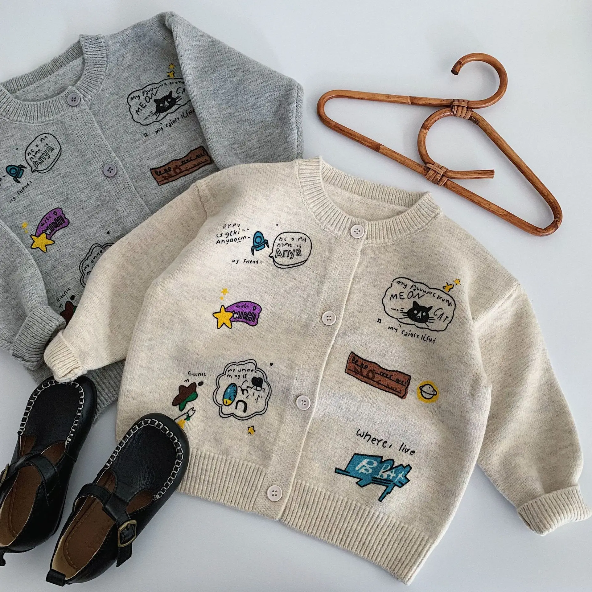Kids Cartoon Print Knit Cardigan – Boys Girls Autumn Spring Open Front Sweater, Long Sleeve Outerwear Baby Sweater