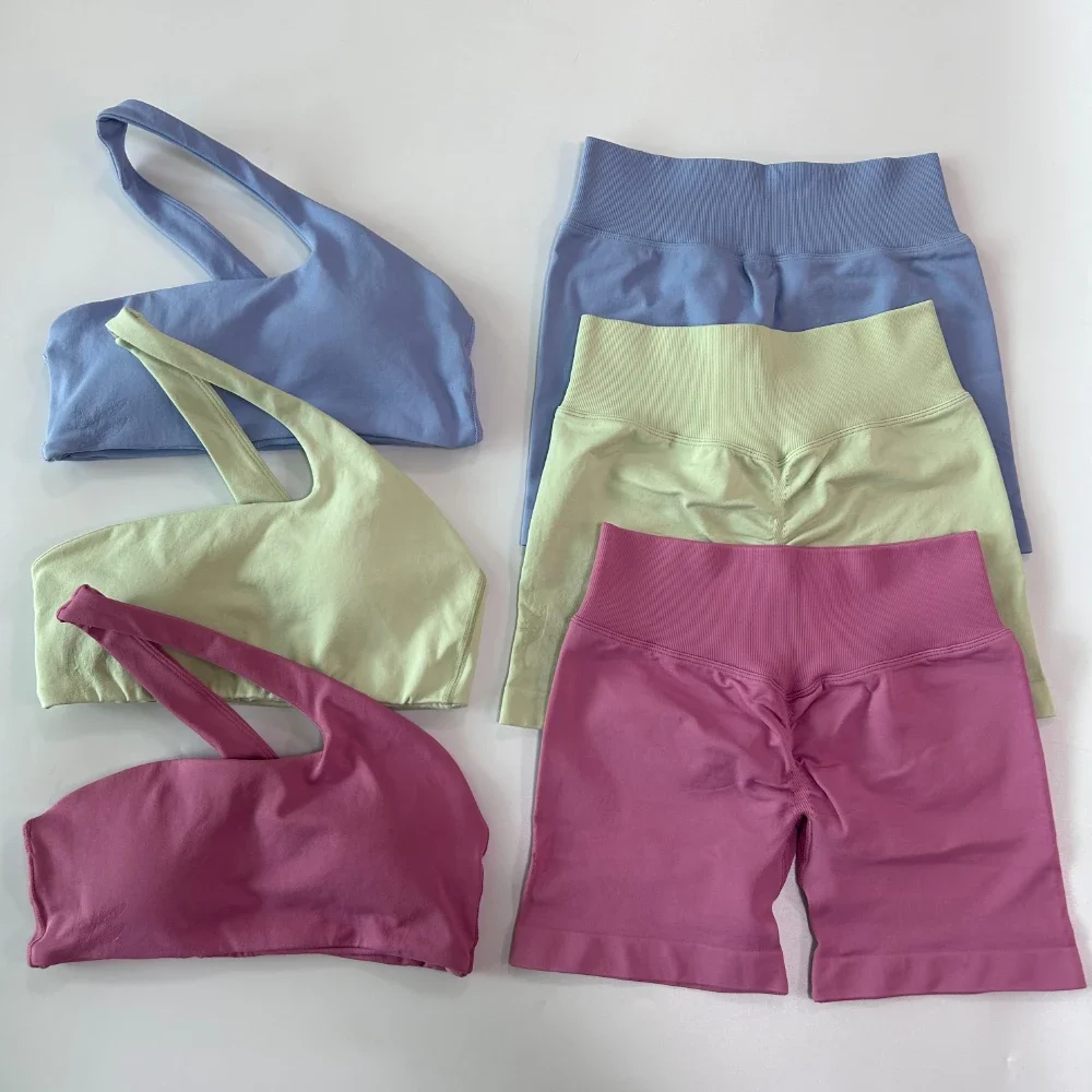 

Lanyi Edit Seamless Yoga 2 Pieces Set with One Shoulder Bra High Waist Gym Shorts Fitness Running Clothes Activewear Sport Set