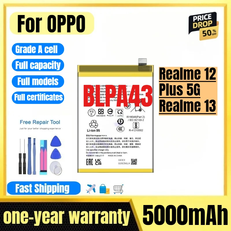 

BLPA43 for OPPO Realme 12 Plus 5G/Realme 13 Phone Battery High Quality High Capacity Replacement Bateria Grade A Cell with Tools