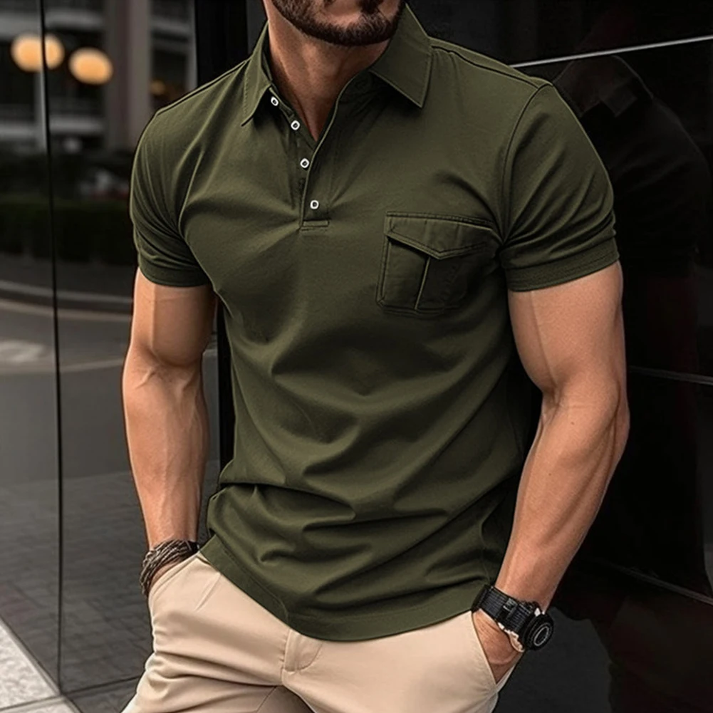 

High Quality Hot Sale Brand New Men Tops Short Sleeve Slim Fit Solid Color Summer T-Shirt Blouse Button-Up Collared