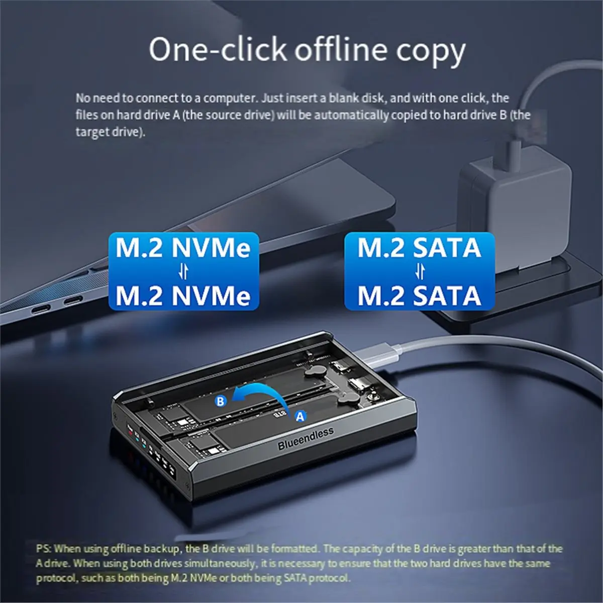 M05K  2 Bay M.2 SATA NVMe SSD Enclosure Dual-Bay External Case for M.2 NVMe & SATA SSDs Up to 16TB