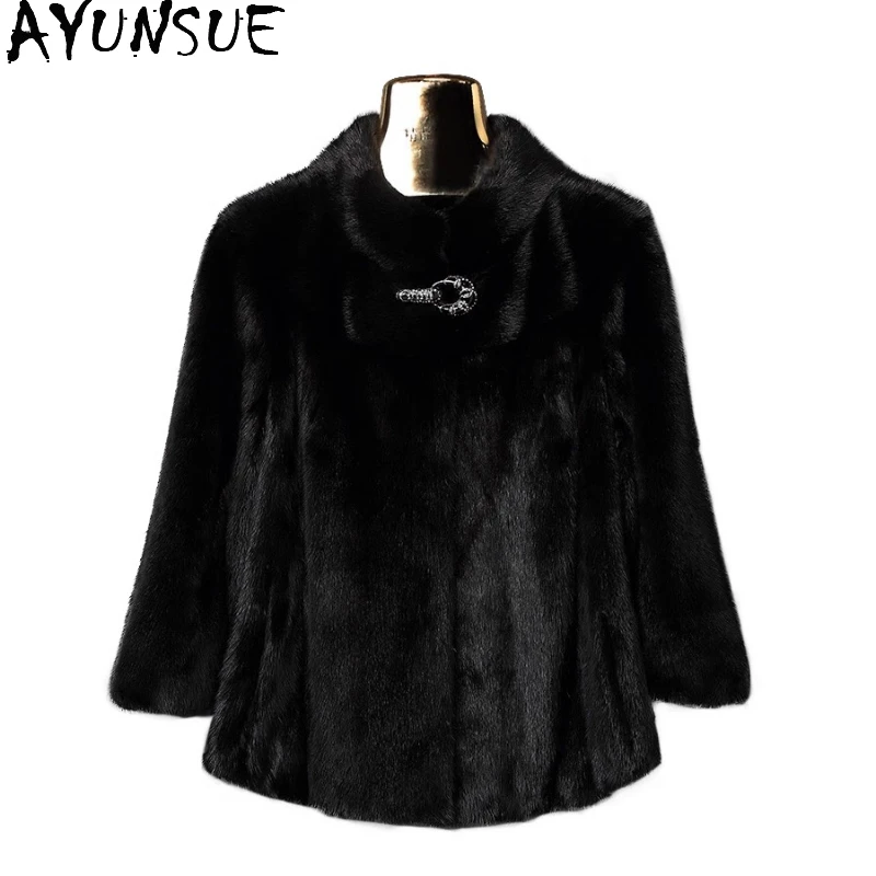 AYUNSUE سترات من فرو المنك الطبيعي للنساء 2025 سترات فاخرة من فرو المنك الحقيقي بالكامل لملابس النساء جودة عالية كوكفتا С ميخوم