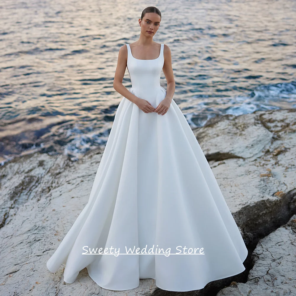 Simple Wedding Dress Vestidos De Novia 2026 Customized Square Neck Sleeveless Sweep Train Back Zipper Satin Bride Gown