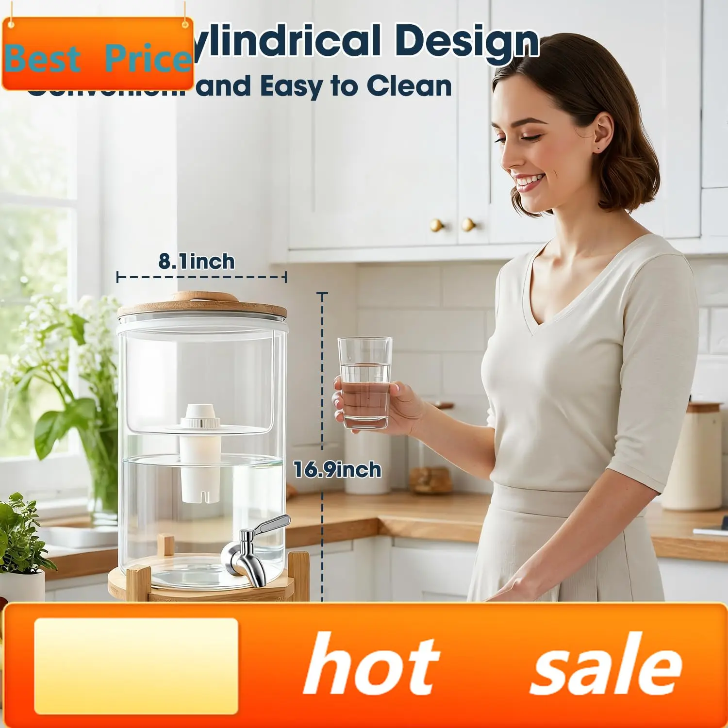 

hot-sellingwater filter dispenser ，Countertop water purifier System，2.1 Gallon Glass water filter, with Wooden Stand and 1 Filte