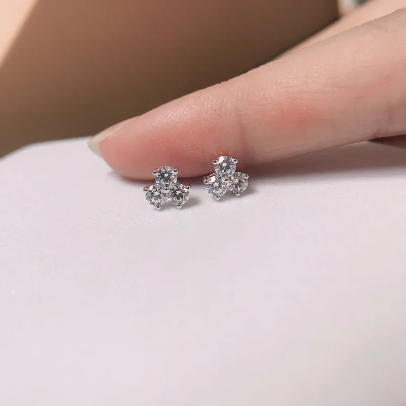 Solid 14K White Gold AU585 Platinum PT950 Earrings spot fashion triple diamond compact earrings female earrings