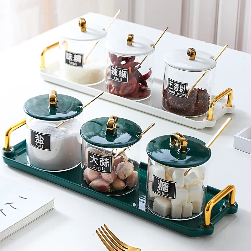 Glass Spice Jar with Ceramic Tray Seasoning Box Three-piece Suit Home Kitchen Supplies Spice Container Seasoning Jar Combination