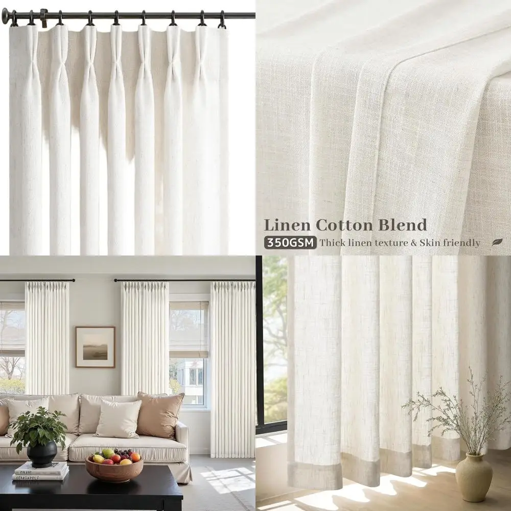 96 rideaux en lin avec plis à mémoire de forme pour salon/chambre - Texture ivoire crème de bouleau naturel