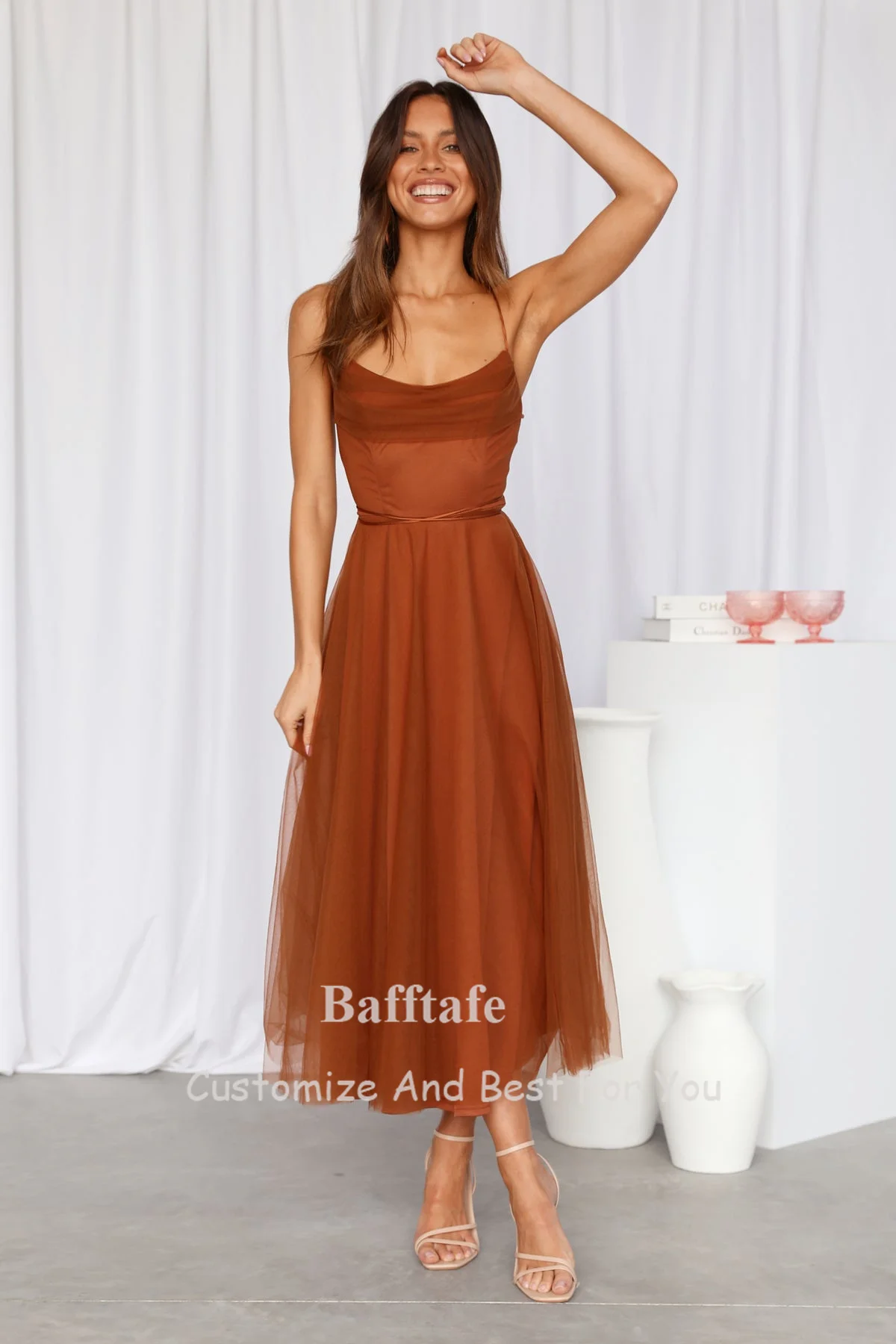 Bafftafe Simple Tulle Midi Prom Dresses Spaghetti Strap Backless Tea-length Women Formal Party Homecoming Dress Evening Gowns