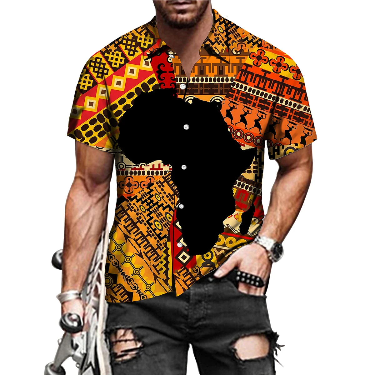 Camisa de mapa africano para hombre y mujer, blusa de gran tamaño a la moda, con solapa, ropa de playa, Cuba