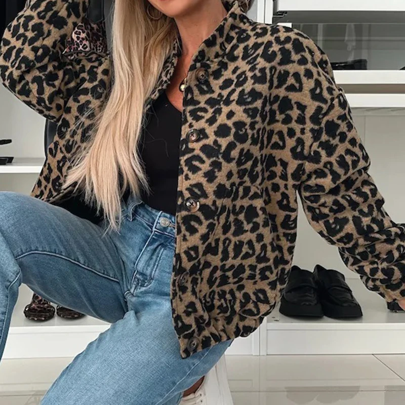 Women Casual Long Sleeve Pocket Coats Elegant Stand Neck Single-breasted Outerwears Fashion Leopard Printed Loose Short Jackets