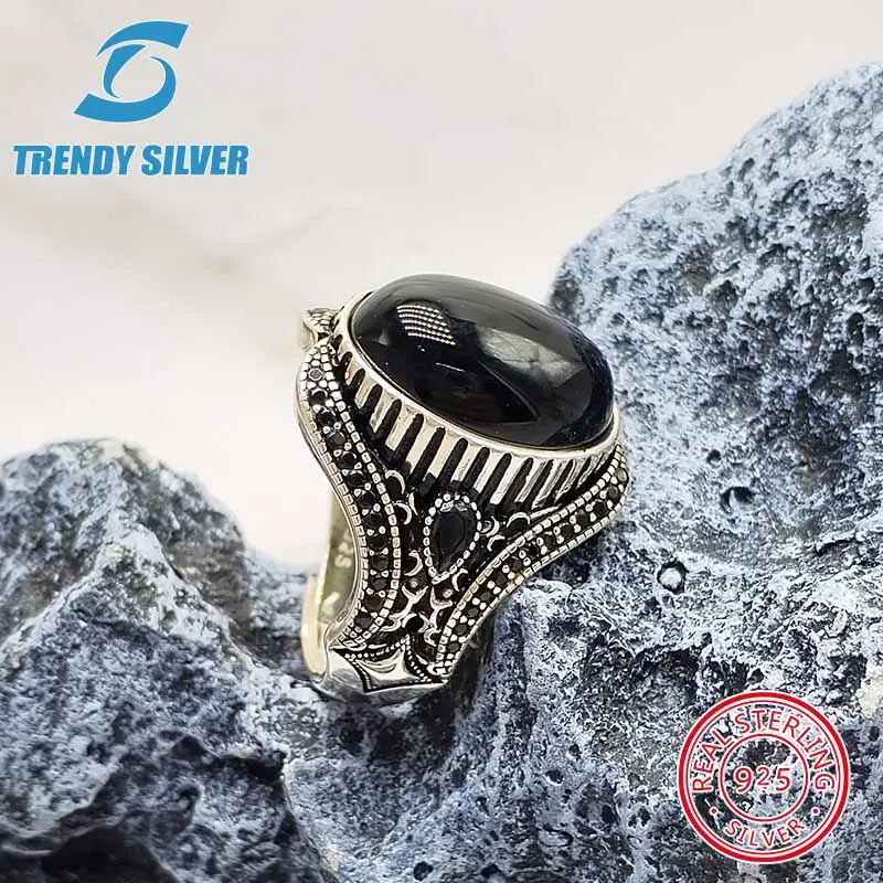 

luxury Mens Man rings real 925 sterling silver certified original jewelry for men natural gemstone black onyx stone ring male