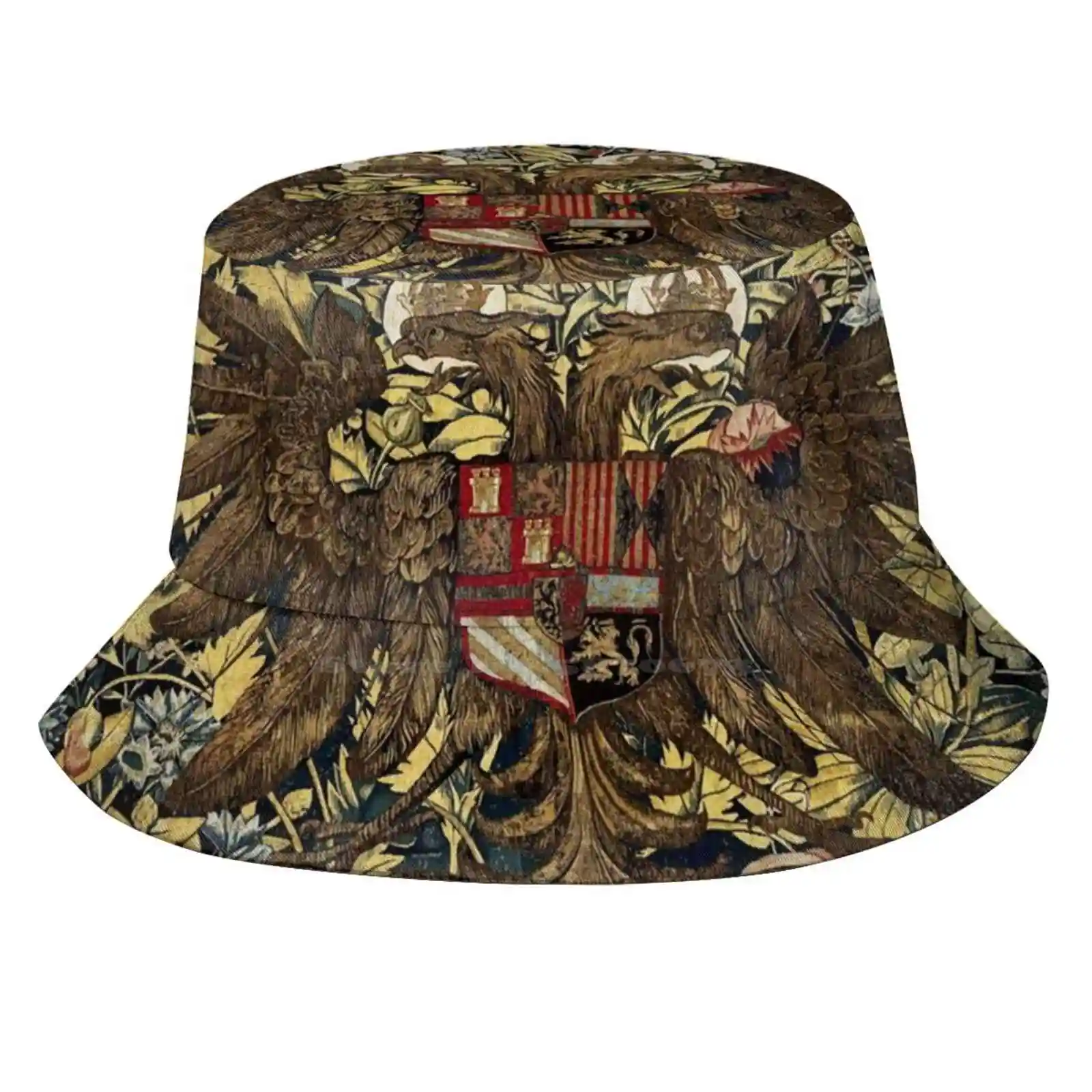 Coat Of Arms Of Emperor Charles V With Double Eagle ,Floral Heraldic Tapestry Sun Cap Fisherman Hat Bucket Hats Two Headed