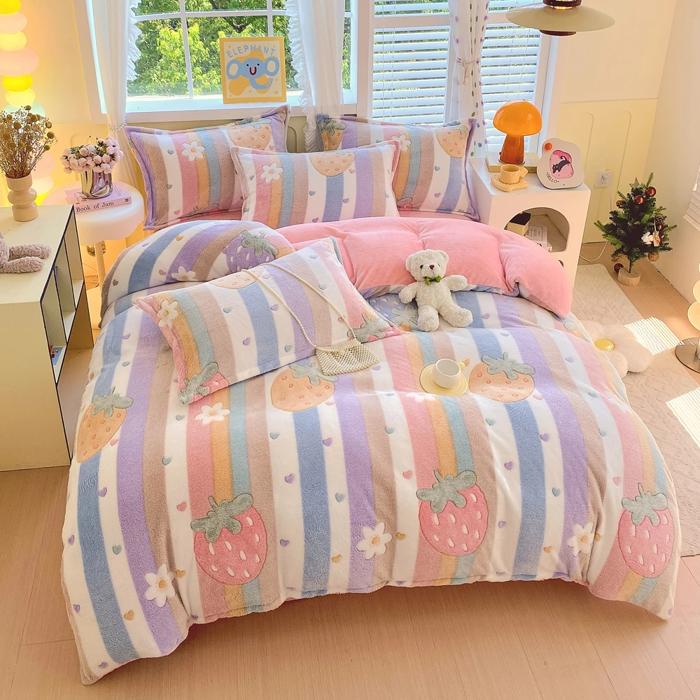 1pc Thick Fleece Flower Duvet Cover for Girls Pink Winter Warm housse de couette Flannel funda nordica cama 150 Quilt Cover