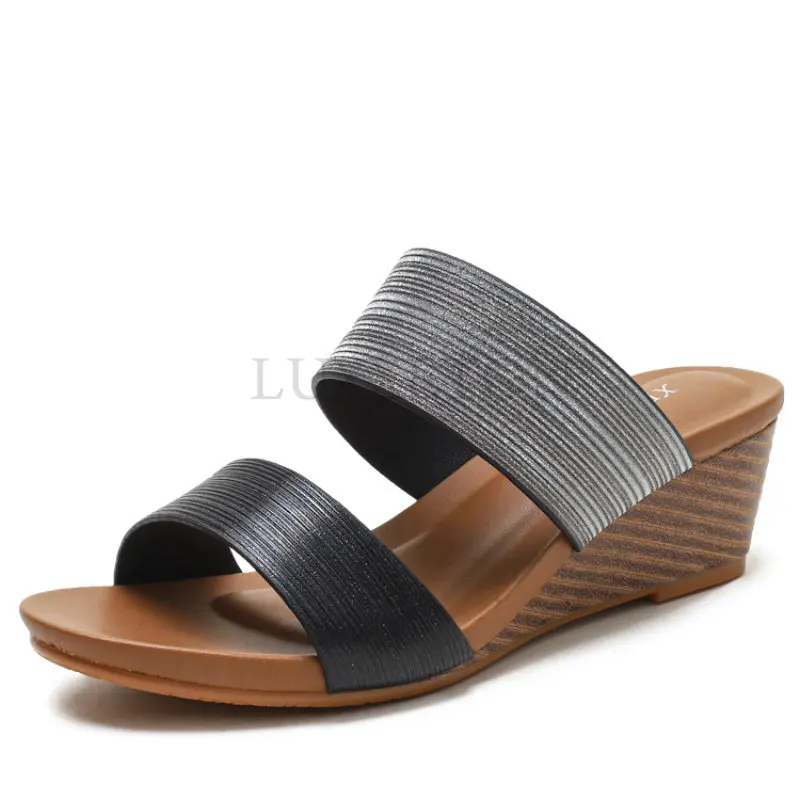 Women Platform Slip On Summer Heeled Mules Shoes Open Toe Wedges Slides Casual Leisure Beach Gladiator Sandals Plus Size 44