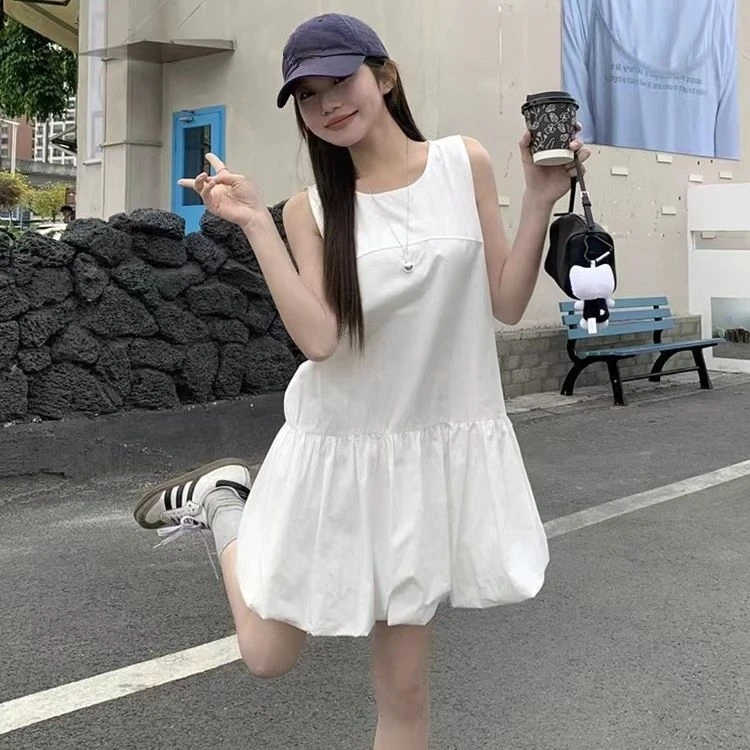 レディース シンプル 無地 韓国ファッション 2025 夏 ノースリーブ ラウンドネック ゆったり スリム ワンピース
