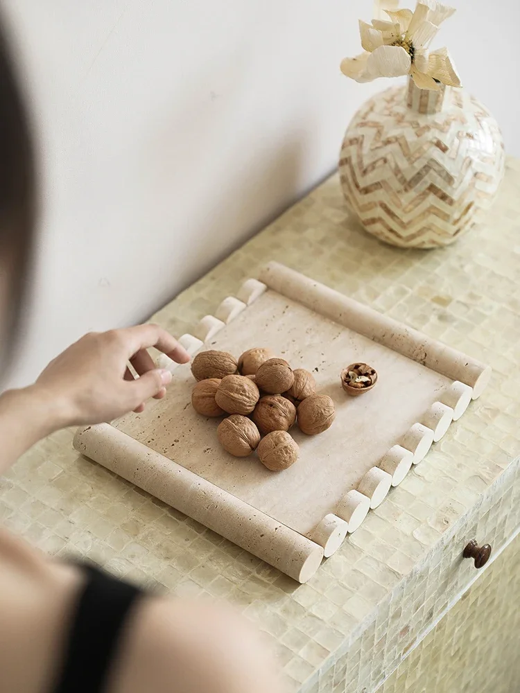Beige Travertine Marble Tray Vintage Natural Stone Serving Tray Hotel Party Snack Fruit Candy Biscuit Cake Plate Jewelry Tray