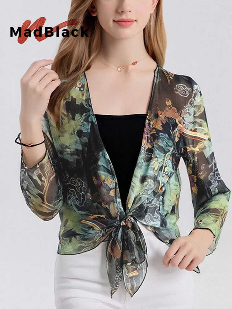 MadBlack- 100%Real Silk Elegant Knit Coat, 3/4 Sleeve Lace-up Print, Women Vacation Sunscreen Thin Coat, 2026 Autumn C670103CC