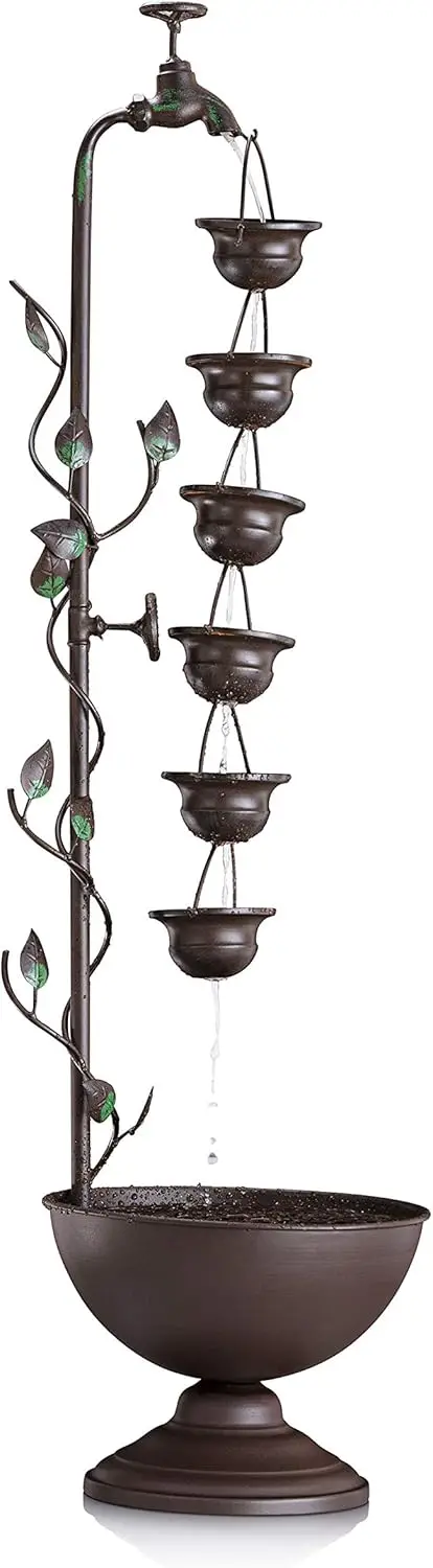 Outdoor Floor Tiered Vintage Water Fountain w/ 6 Hanging Cups, Soothing Tier Waterfall, 38