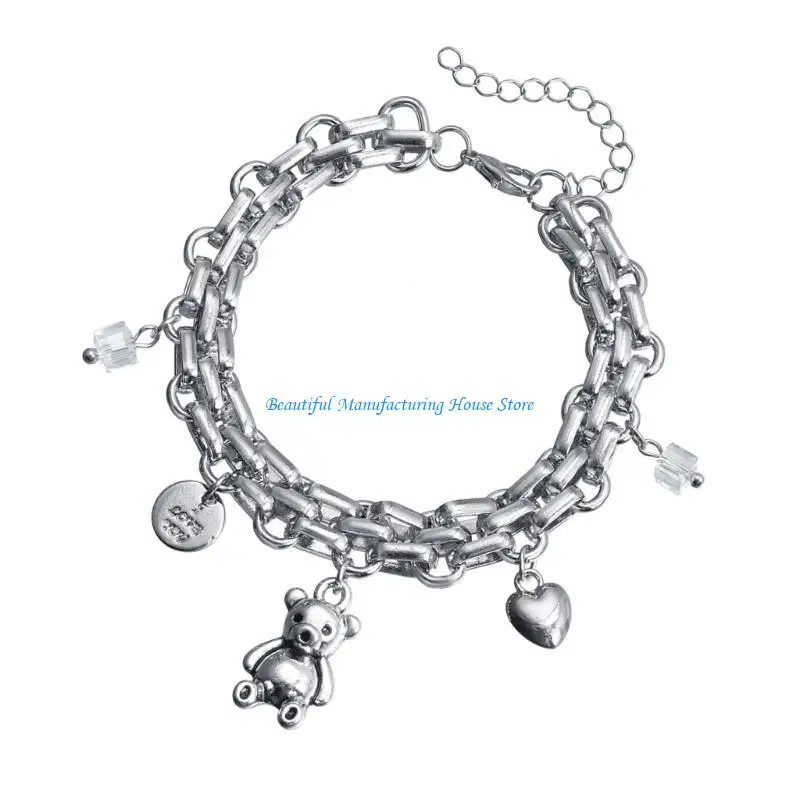 

E56A Fashionable Alloy Heart Bear Pendant Necklace Bracelet Adds Stylish To Outfits Portable for Parties Supplies and Dates