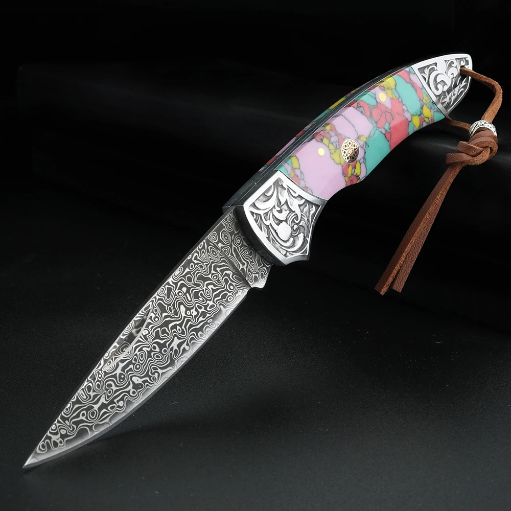 XUANFENG Color Damascus Outdoor Knife Exquisite Pattern Fruit Knife Portable Folding Knife Pocket Knife