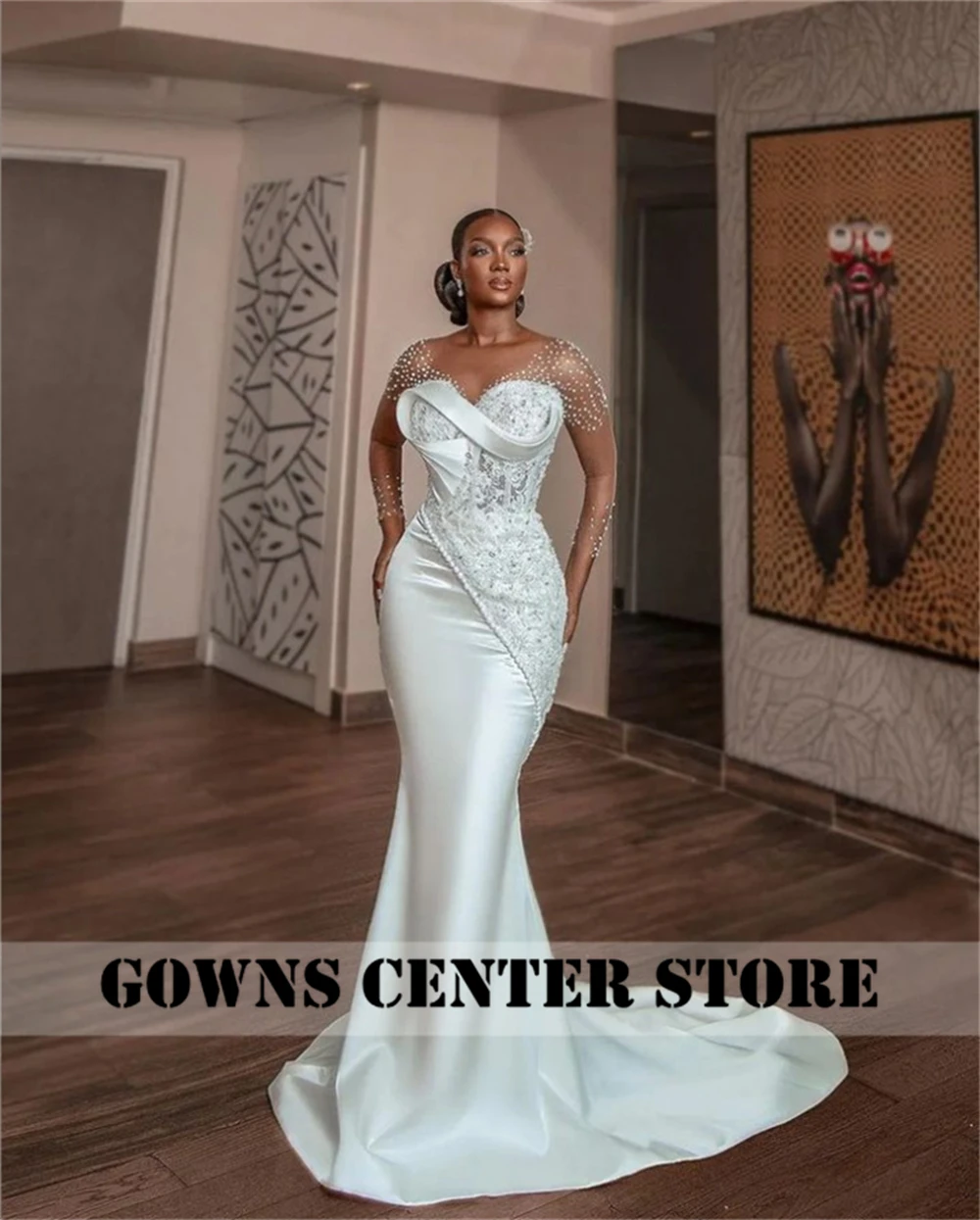 White Pearls Beaded Luxury Mermaid African Wedding Dress Mesh Long Sleeves Aso Ebi Engagement Gowns Corset Fish Bones Customized