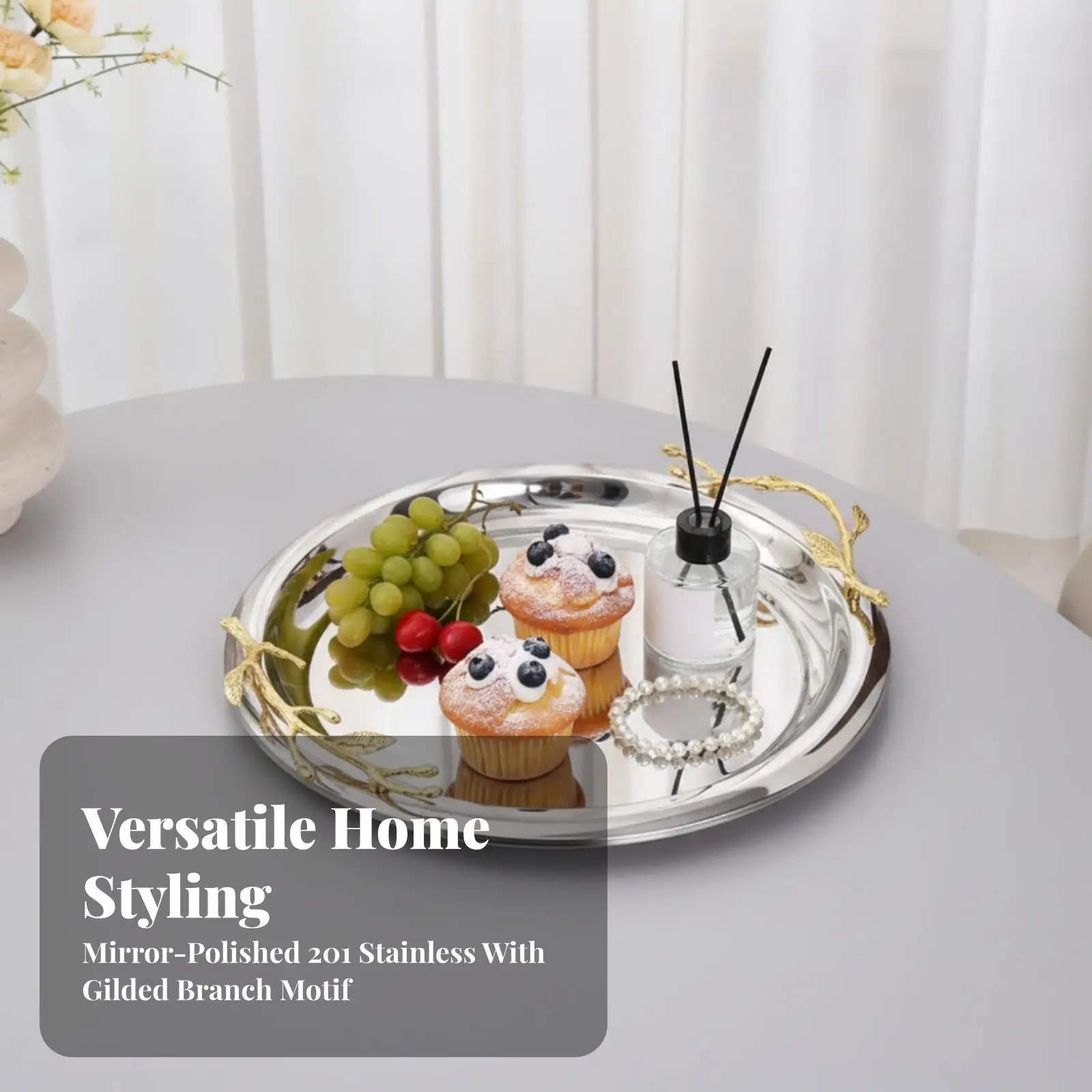 Modern Stainless Steel Serving Tray Round Design with Gold Handles for Home Party Decoration Storage Tidy