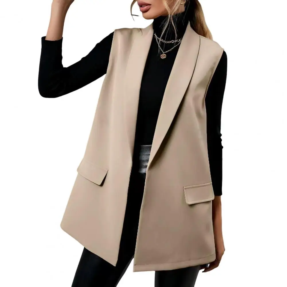 

Women Suit Vest Lapel with Flap Pockets Mid-length Jacket Solid Color Business Work Office Blazer