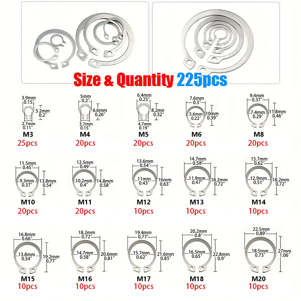 225-Piece Set of 15 Sizes of C-Clamp External Retaining Ring Kit, 304 Stainless Steel Coil Shaft Sorting Kit, M3 - M20 Set