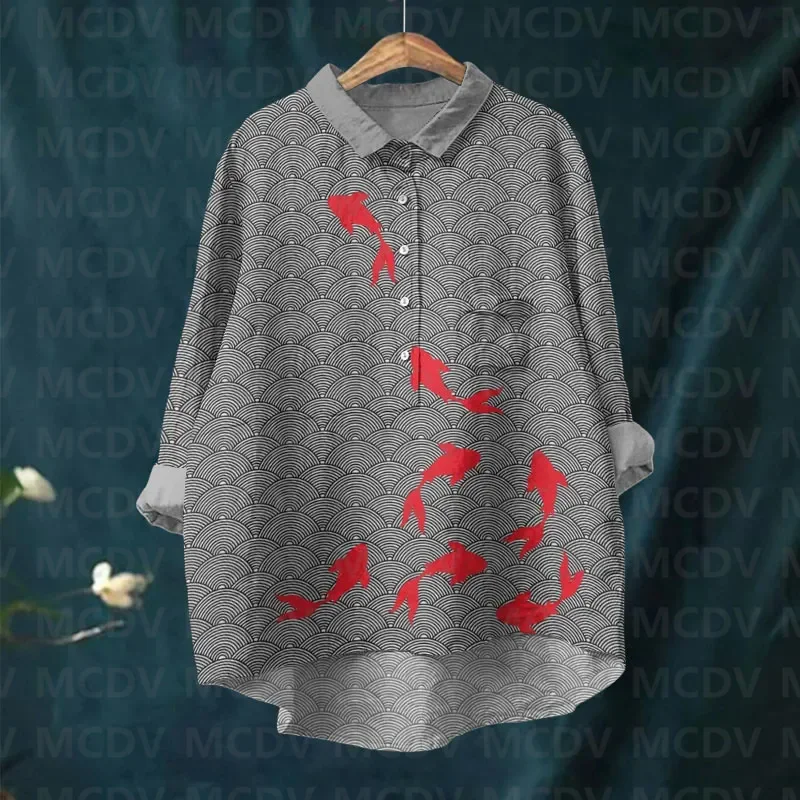 Cherry Blossom Japanese Lino Art Vintage Print Women's Casual Lapel Blouse