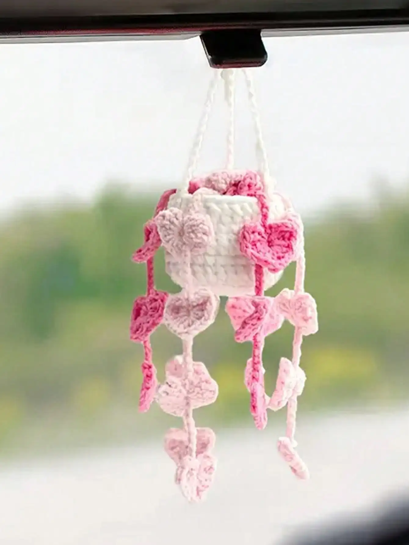 1pc Handmade Crocheted Chlorophytum Potted Plant Yarn Pendant for Car - Creative Hanging Ornament for Car Rearview Mirror