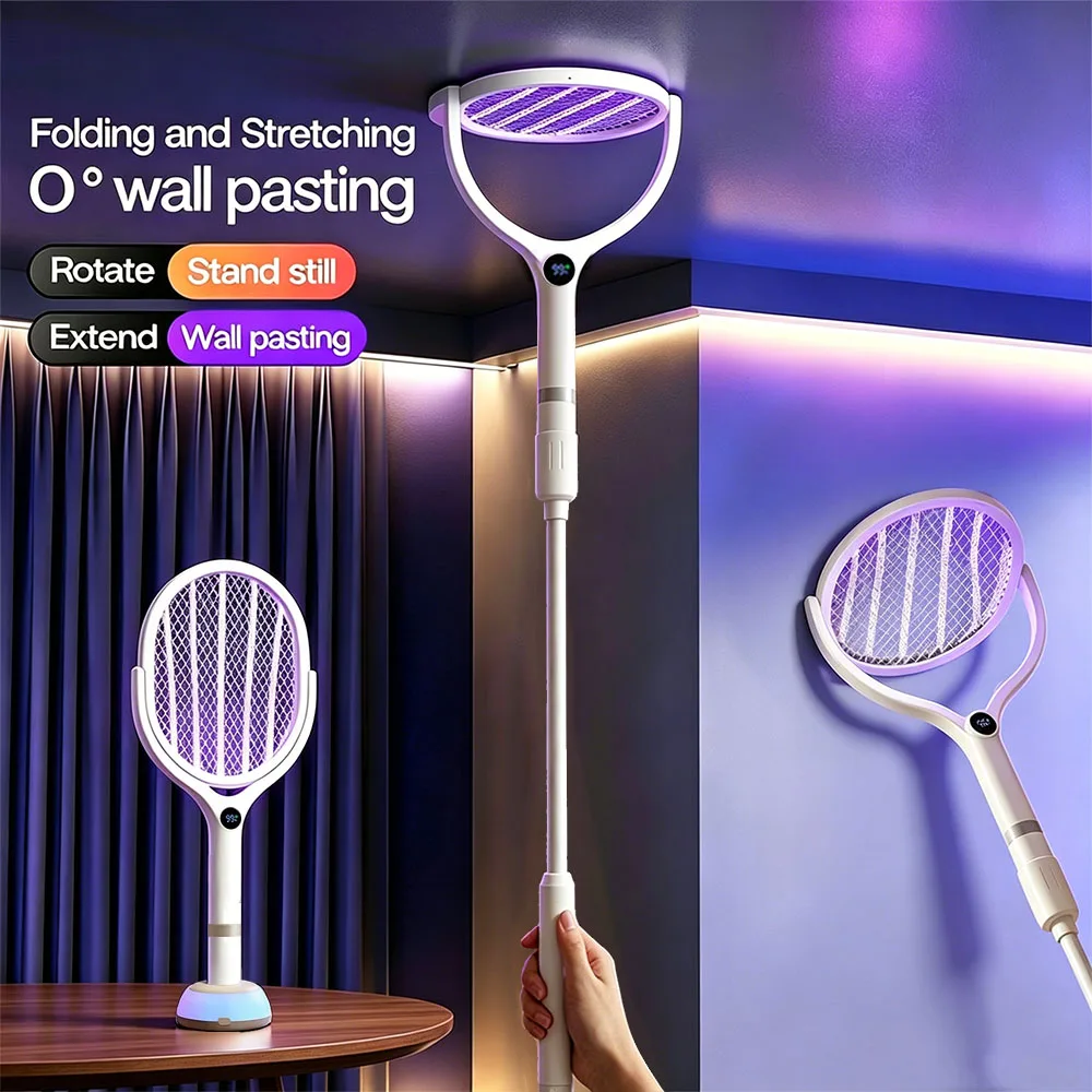 Extendable Retractable Electric Mosquito Swatter Battery Level Display UV Fly Bug Zapper Trap Lamp Household Insect Killer