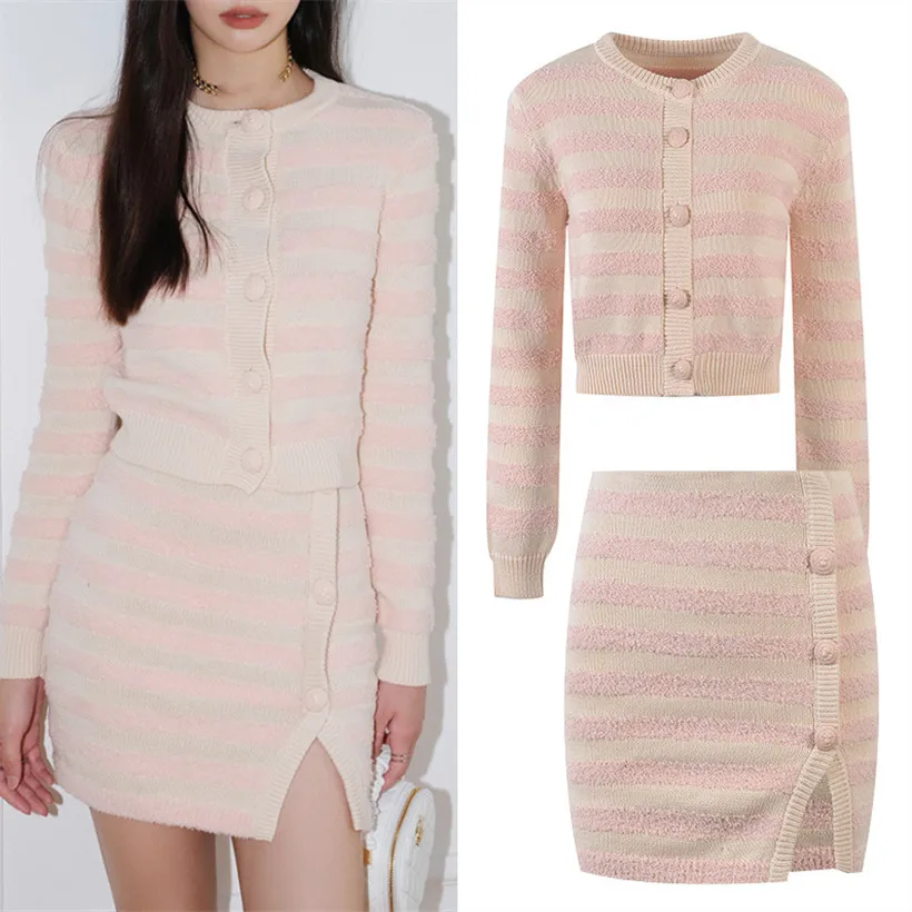 

Высококачественная версия, большой женский антивозрастной свитер Miao Miao в розовую полоску с юбкой, комплект из двух предметов