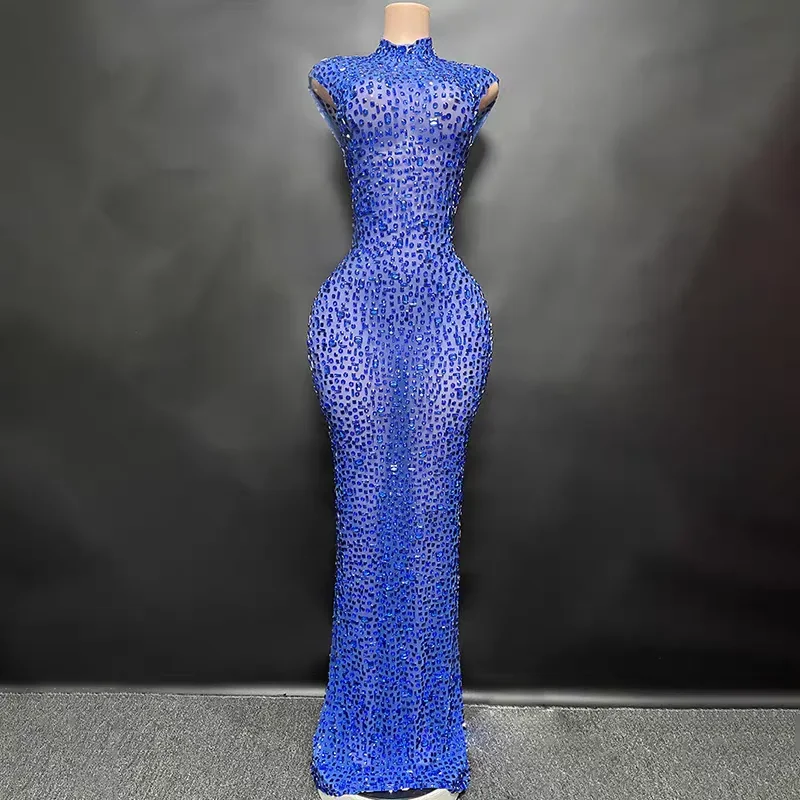 فستان طويل مطاطي بدون أكمام بحجر الراين الذهبي اللامع للنساء مثير شبكي للاحتفال بالسهرات والحفلات الراقصة وأعياد الميلاد ملابس التقاط الصور