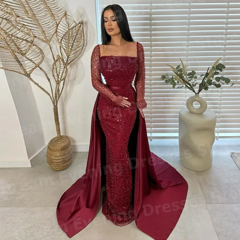 فساتين سهرة نسائية فاخرة حورية البحر بأكمام طويلة مطرزة حسب الطلب فساتين حفلات من Vestidos Para Mujer برقبة مربعة رداء De Soirée #2