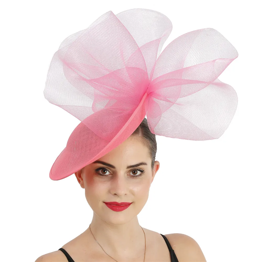 Gogeous Women Pink Wedding Formal Fedora Big Deby Fascinator Hats Headband Mesh Bride Headwear Nice Cocktail Party Chapeau Cap