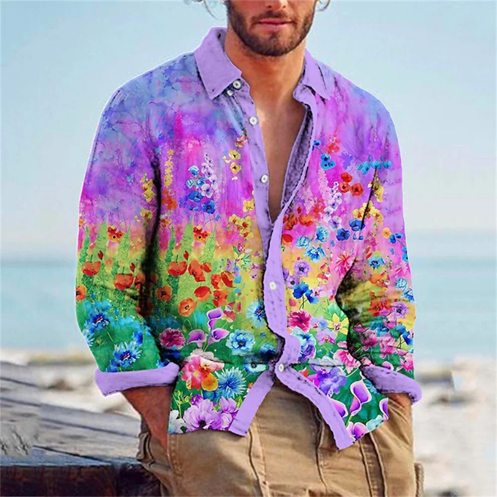 Men\'s Shirt Lapel Long Sleeve Spring/Summer New Creative Flower 3D Printing Pattern Casual Comfort Casual Men\'s Top 2023