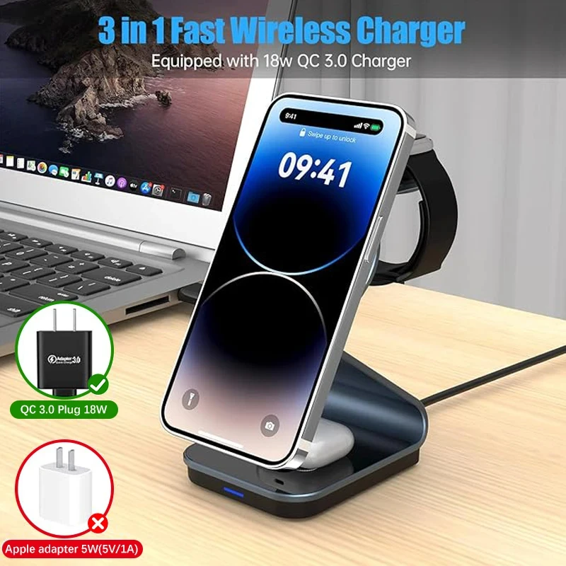 

3 in 1 Wireless Charging Station for Apple Devices 15W MagSafe Charger Stand Compatible with iPhone Apple Watch AirPods