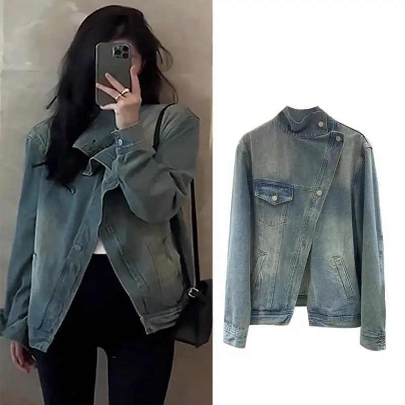 

Женская повседневная джинсовая куртка больших размеров, асимметричная американская ретро-сла, осенне-зимняя модная верхняя одежда, пальто
