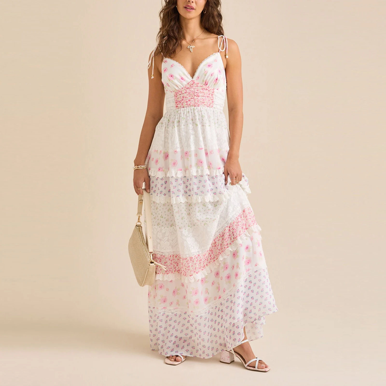 

Combhasaki Women Floral Print Contrast Color Lace Patchwork Tie Shoulder Straps V Neck Backless A-line Layered Ruffle Long Dress