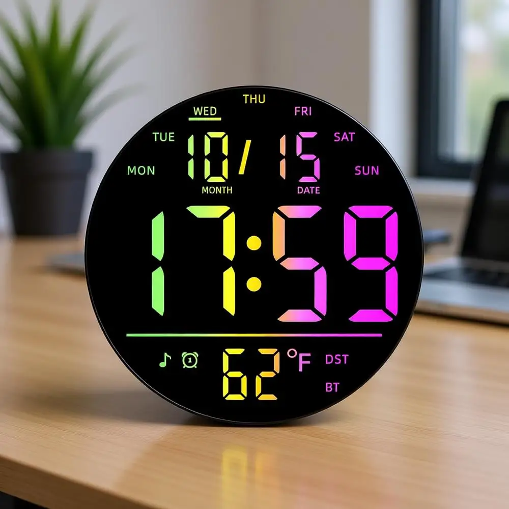 

10-дюймовые цифровые настенные часы с пультом ДУ, RGB-подсветкой с синхронизацией музыки, низким уровнем отражения, термометром, LED-дисплеем, двойными будильниками, Bluetooth-синхронизацией