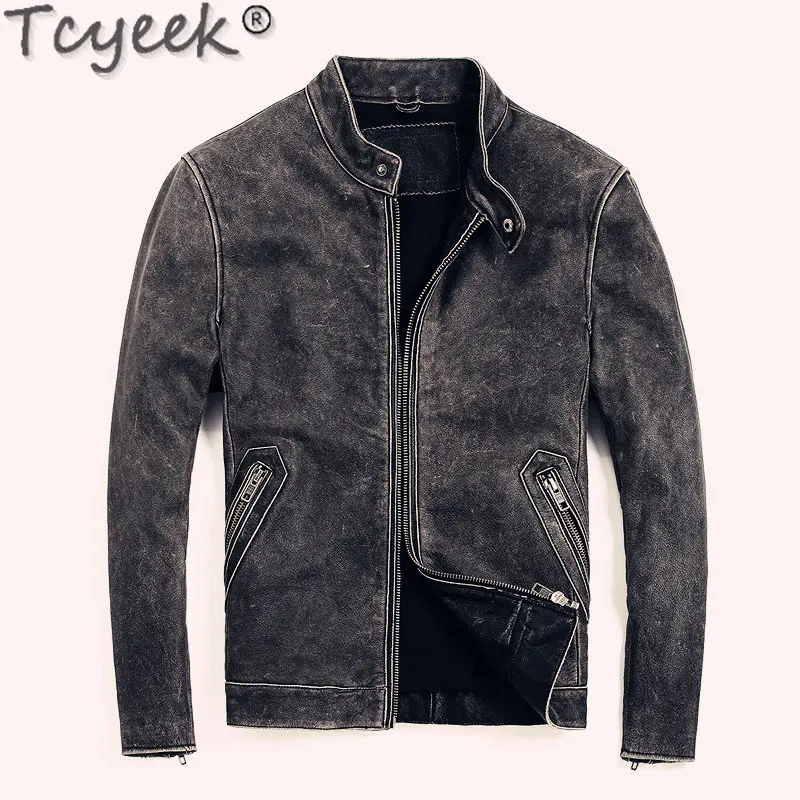 

Tcyeek Fashion Short Coat Male Top Layer Cowhide Genuine Leather Jackets Man Clothes Slim Vintage Leather Jacket Special Offer