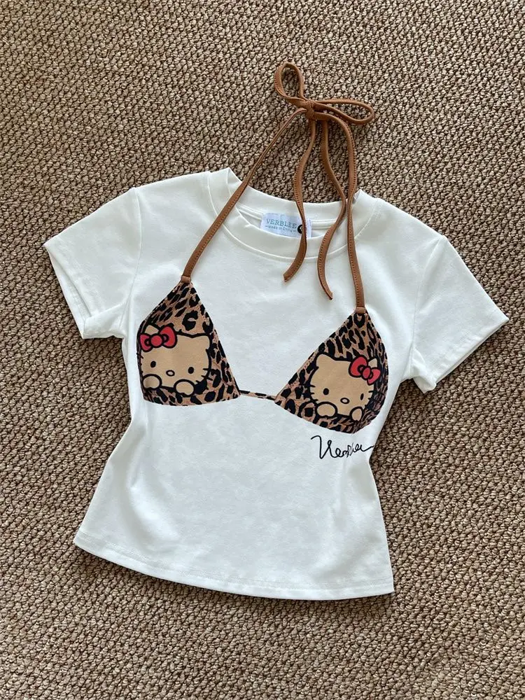 مرحبا كيتي المرأة 2025 ليوبارد تي شيرت مطبوع الصيف Y2K كاذبة قطعتين الرسن الرقبة المحاصيل الأعلى مثير العصرية المتخصصة بلوزة