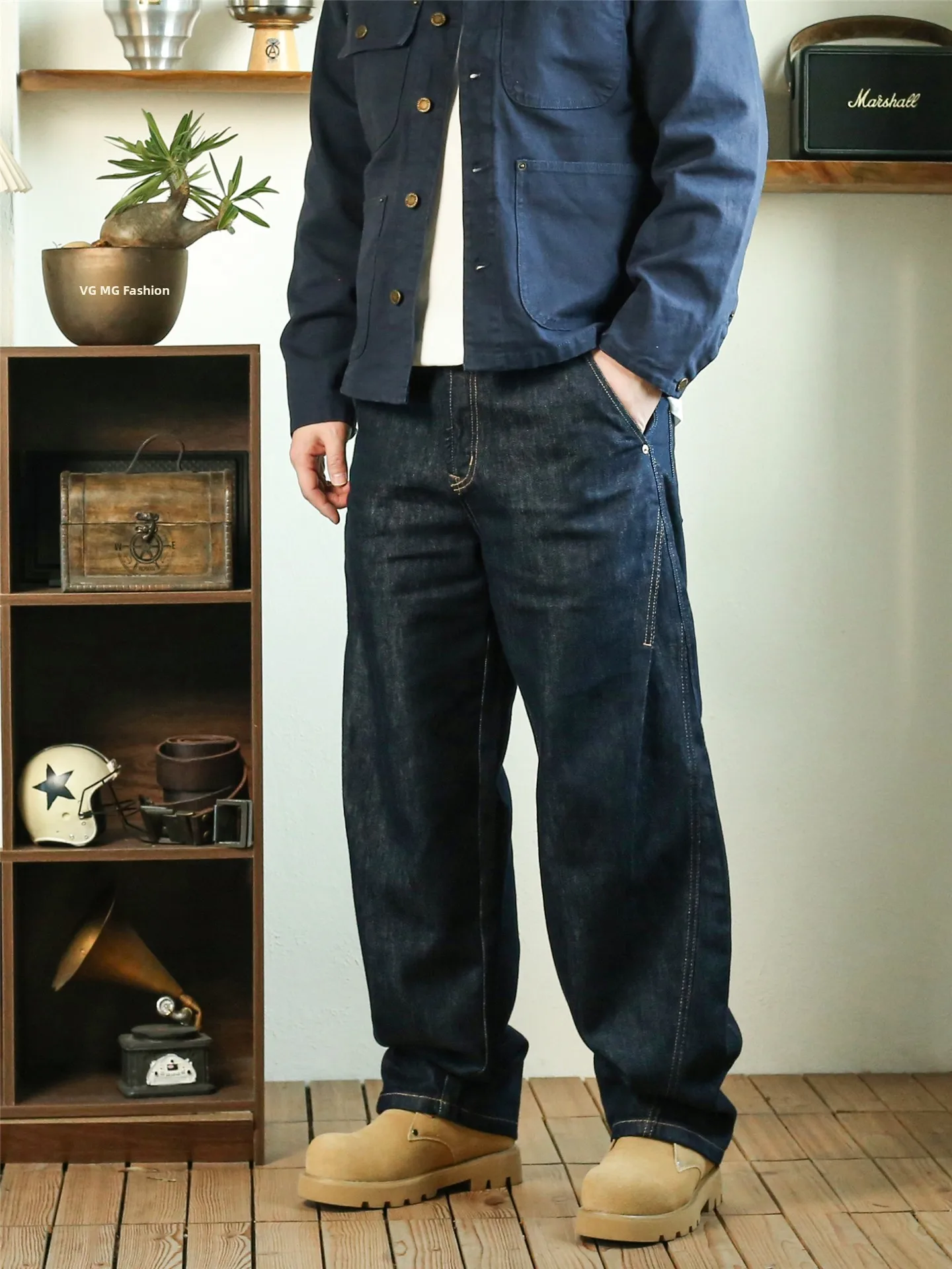 

American Original Color Thiened Fce Wide Leg Deep Blue Jeans Men's Long Trousers Autumn Winter Seasonal Warm Casual Pants