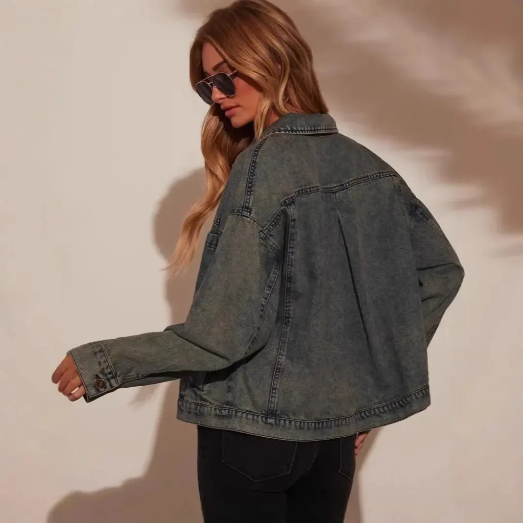 

Women's Solid Color Slimming Denim Jacket Loose Fit Fashion Outerwear for Europe And America Personality 8963